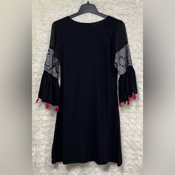 AKKRITI Black Boho Bell Sleeve Tassels Dress Viscose - Picture 3 of 10